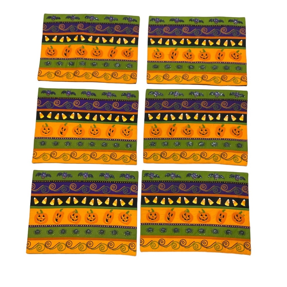 Halloween Placemats Set of 6 18” X 13.5” Glitter Orange Green Spider Candy Corn